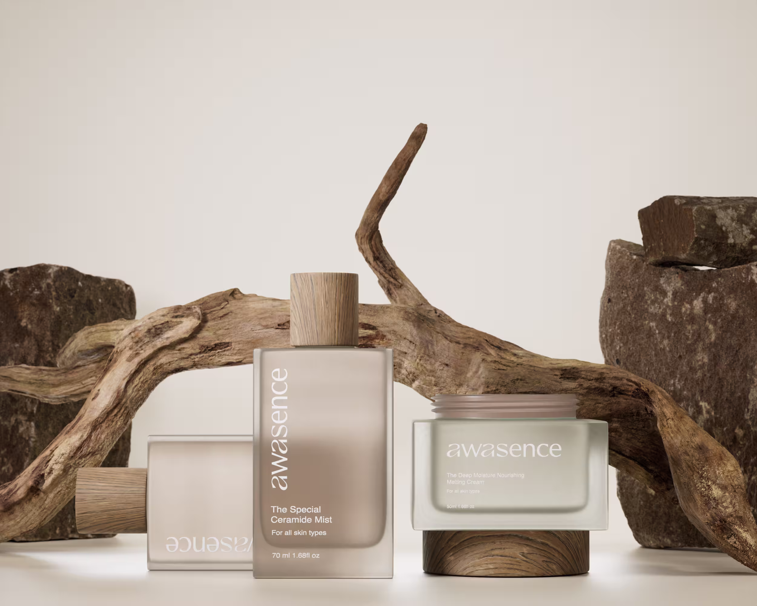 AWASENCE Essence Mist & Cream Jar with Oak Caps on Driftwood
