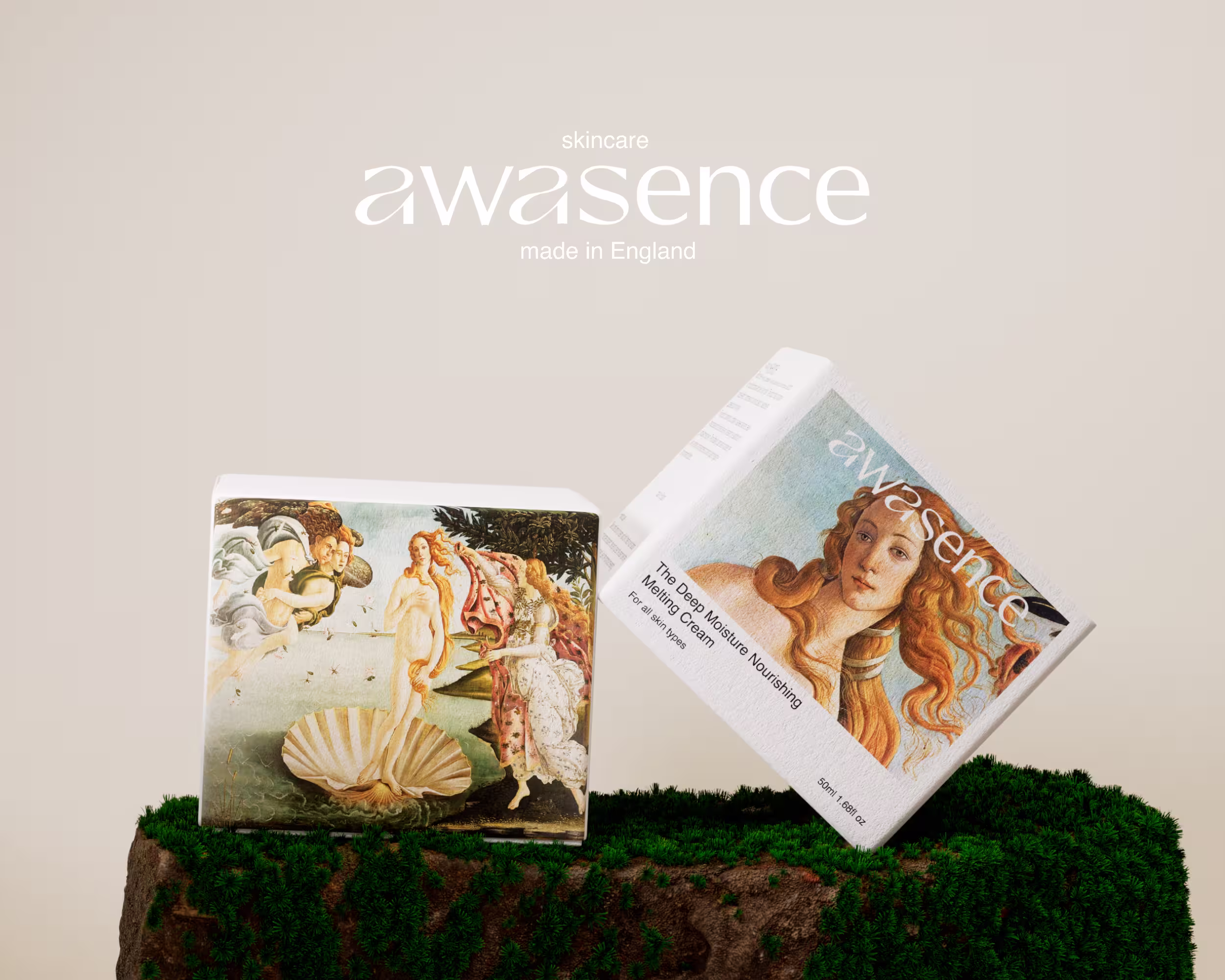 AWASENCE The Birth of Venus Renaissance Embossed Packaging on Moss